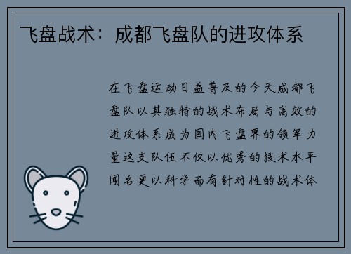 飞盘战术：成都飞盘队的进攻体系
