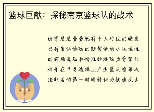 篮球巨献：探秘南京篮球队的战术