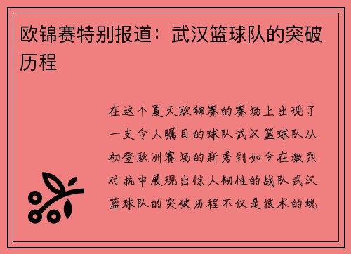 欧锦赛特别报道：武汉篮球队的突破历程