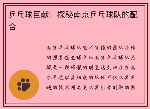 乒乓球巨献：探秘南京乒乓球队的配合